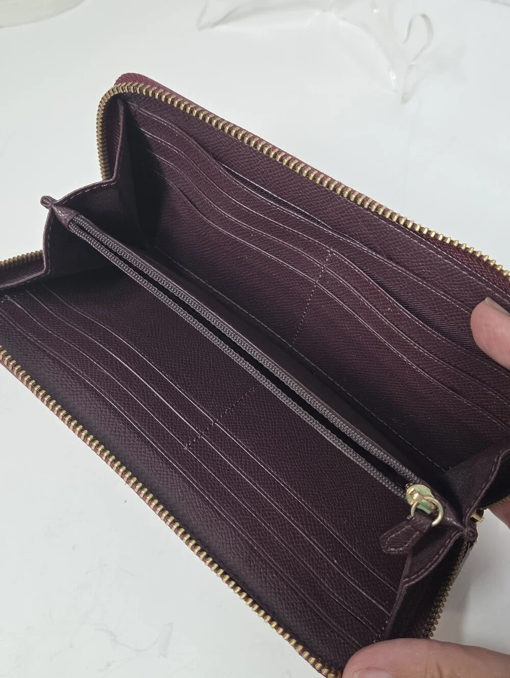 coach f54007 accordian zip around wallet metallic cherry wine front card pocket